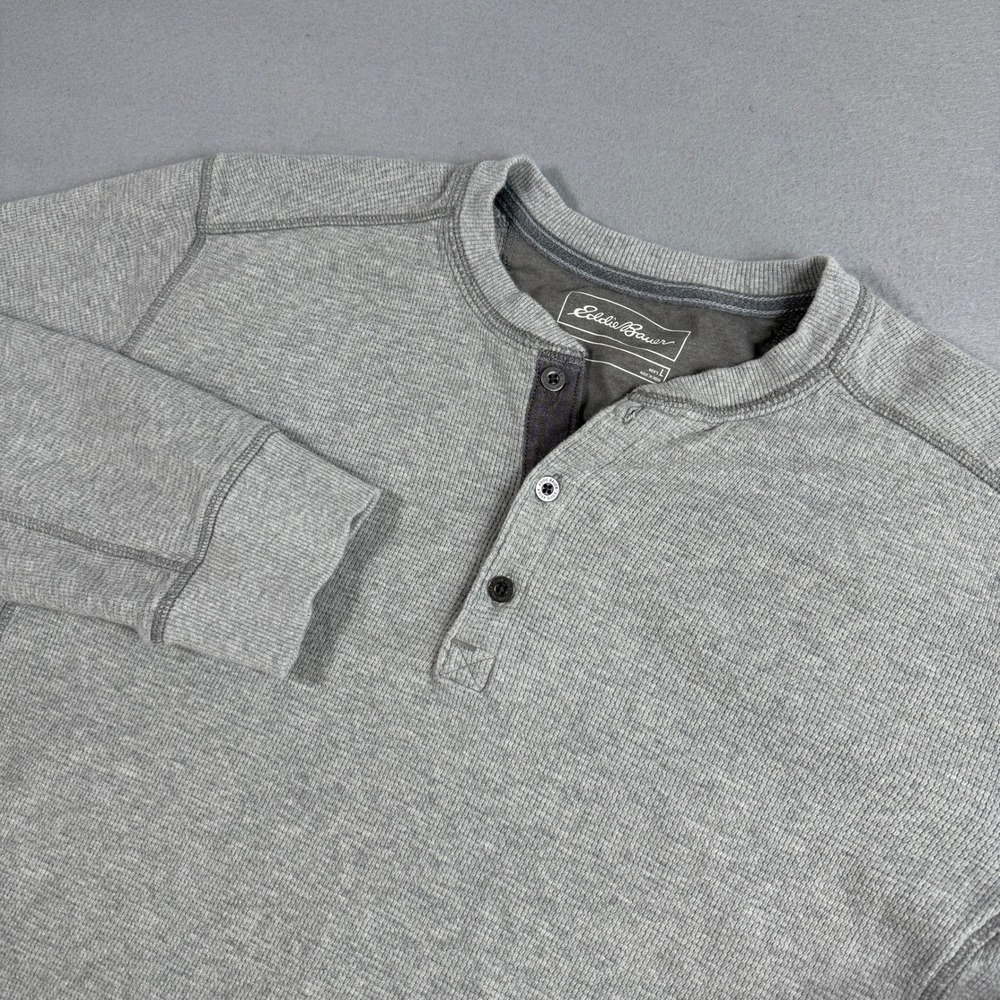 Eddie Bauer Mens Henley Shirt Large Gray‎ Cotton Thermal Waffle Knit Long Sleeve